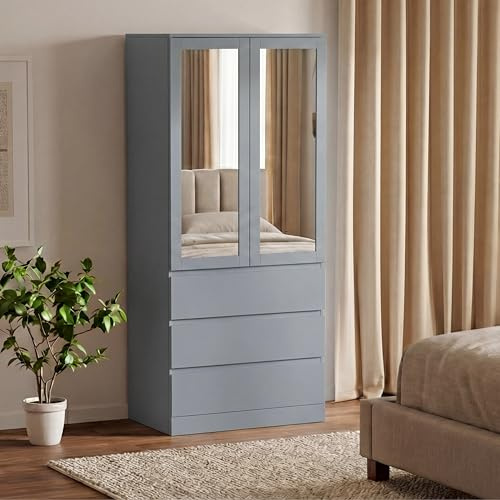 Vida Designs Denver 2 Door 3 Drawer Mirrored Wardrobe | Grey | 175H x 77W x 54D cm | Modern Bedroom Furniture | With Spacious Drawers & Hanging Rail | Large Capacity Storage