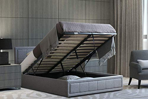 Home Treats Upholstered Bed King Size | Ottoman Grey Fabric Bed Frame With Storage (No Mattress)