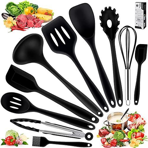 Utensili da Cucina in Silicone -10 Pezzi, Utensili da Cucina Resistenti al Calore Antiaderenti da Cucina(Spatola, Cucchiaio Scanalato, Forchetta per Pasta, Paletta, Pinza, Frusta, Pennello)
