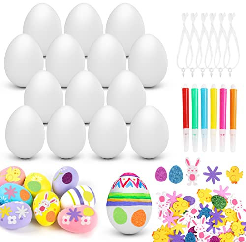 Huevos de Pascua blanco 25 piezas, Huevos de Pascua de plástico de 6 cm, Huevos de plástico para pintar,Pegatinas de Pascua 80 piezas, 6 Pluma de Acuarela，Huevos de Pascua para colgar para decorar