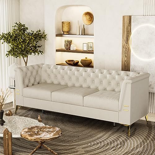 Tomkate Chesterfield Sofa, 82 Velvet Upholstered 3-Seater, Mid-Century Modern Couch with Flared Arms, Removable Cushions, Solid Wood Frame & Gold Legs for Living Room (Beige)
