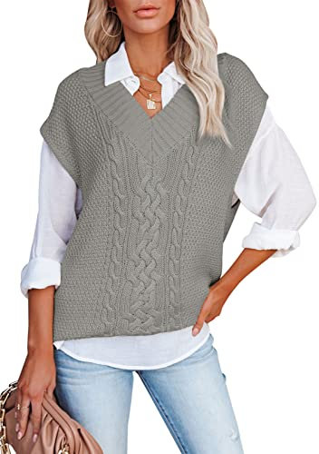 Aleumdr Damen Pullunder V-Ausschnitt Strickweste Pullunder Damen Ärmellos Casual Pullover Damen Oversize Strickpullover Damen Grobstrick Winterpullover Strickpulli Damen Elegant,Grau XXL