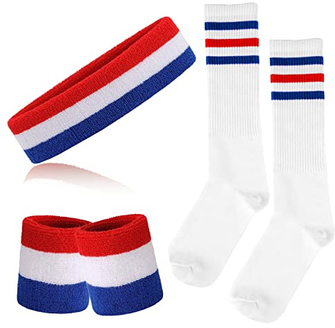 ONUPGO Juego de 5 bandas para el sudor y calcetines a rayas, diademas deportivas a rayas, bandas para el sudor, calcetines altos a rayas para hombres, mujeres, deportes y fiestas de los años 80