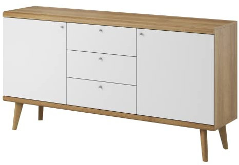 GRAINGOLD Kommode Promko Weiß und Riviera Eiche T40 x B160 x H83 cm – Moderner Schrank im skandinavischen Stil für Wohnzimmer – Sideboard mit Beine aus Eichenholz, Schubladen und Fächern