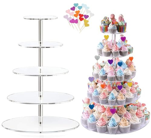 5 Tier Round Large Acrylic Cupcake Stand with 20 Cake Plugin,Clear Glass Dessert Stand,Acrylic Display Stands Cupcake Tower Pastry Tower for Wedding, Birthday,Bar Parties