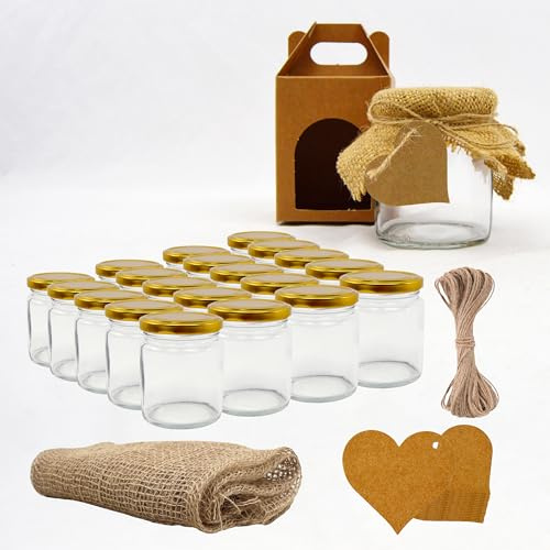 Espirito Rebelde - Set di 20 vasetti in vetro vuoti da 250 ml con coperchio, 20 barattoli, tela, corda di iuta e 20 etichette kraft incluse, per marmellate, conserve, miele