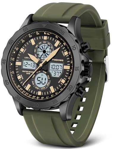 Montre Homme Sport Militaire Étanche Analogique Numérique Acier Inoxydable avec Alarme, Chronomètre, LED, Carillon Horaire - Montre-Bracelet Multifonction (Marron-Vert)