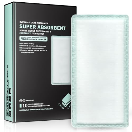 EVERLIT CARE EquiFlow Super Absorbent Dressing for Heavily Exuding Wound | Fast-Absorbing Non-Adhesive Polymer Dressing with Nonstick Gauze Pad | High Absorption & Retention | Pack of 10 (4 x 8)