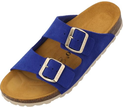 Palado Pantoletten Damen Korfu Suede Premium Leather - bequeme Sandalen Made in Spain - Hausschuhe mit Kork-Fußbett - modische Sommerschuhe Blau UK5,5 - EU38