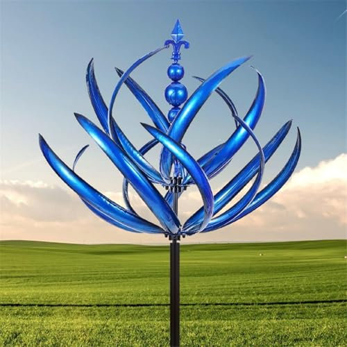 Metall Windrad für Garten,3D Lotus Windspiel Windmühle Wetterfest Und Standfest Garten Wind Spinner Metall Windräder Mit Besten Kugellagern, Höhe 90 cm (Blau)