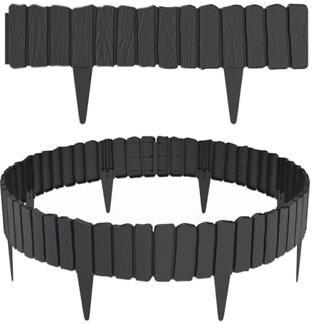 NAIZY Lot de 8 bordures de pelouse en plastique - 4,6 m - Aspect bois - Clôture de jardin avec piquets de 10 cm - Avec connexion rapide - Bordure de parterre pour décoration de jardin - Anthracite
