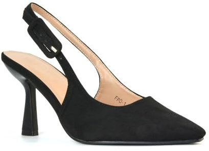 Women's Heeled Court Shoes Ladies Stiletto Mid High Heel Black Faux Suede Classic Slingback Cloesed Toe Pumps Size 8
