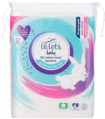 Lil-Lets Baby Cotton Squares 50 Count (1 Pack), 100% Pure Cotton, Certified Organic, Soft and Gentle, Dermatologically Tested, Suitable for Babies.