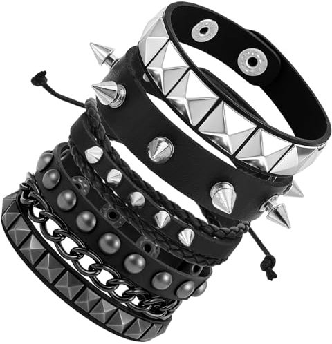 PEOVLVN 4 Stück Punk Besetztes Armband Unisex Herren Lederarmband Punk Armband Nietenarmband Lederarmband Schwarz Gothic Armreif für Musikfestival/Partyauftritt Kostümparty Konzert(Stil B)