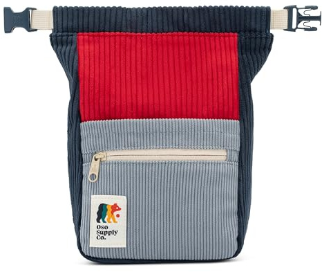 Oso Supply Co - Retro Corduroy Bouldering Bucket, Large Size Freestanding Chalk Bag for Rock Climbing, Magnetic Roll Down Closure, Dual Brush Loops, Zippered Pockets and Pouch (Steel Blue and Red)
