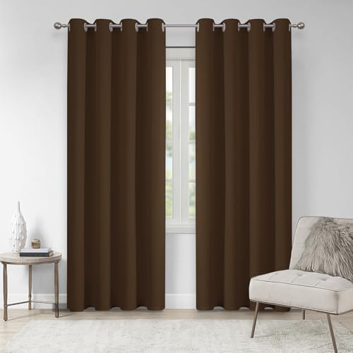 VEHEDE Brown Blackout Thermal Curtains for Bedroom, Eyelet Room Darkening Curtains & Drapes for Living Room, Soft Soundproof Curtain for Sliding Door, W46 x L72 Inch Drop Pair, Brown, 2 Panels