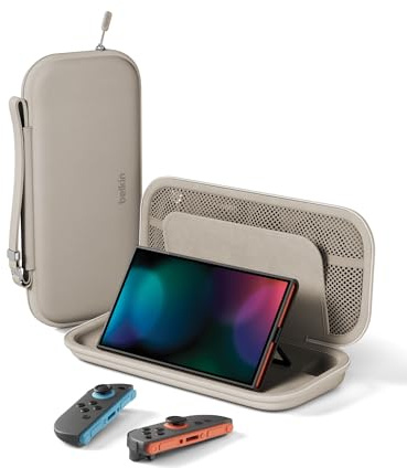 Belkin Gaming Tasche für Nintendo Switch 2, Leichtes Hartschalen-Case mit Weichem Innenfutter, AirTag-Fach, 12 Fächer für Game-Karten – Sandfarben