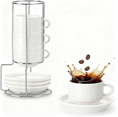 Liwein Set of 4 Espresso Cups with Saucers and Spoons, 100 ml Espresso Cups Set with Stand, Mocha Cups, Coffee Cups for Espresso, Latte