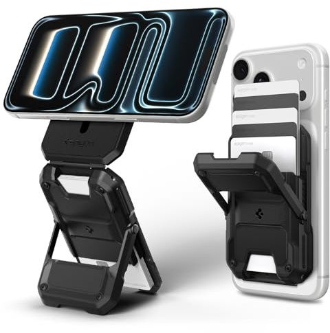 Spigen Tough Armor Pro MagFit MagSafe Hartschalen-Kartenhalter mit RFID Blokierung, Kickstand Kompatibel mit iPhone 17/16/15, andere MagSafe-Modelle und Google Pixel 10-Serie mit Pixelsnap - Schwarz