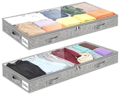 Cimvidi Bolsas de Almacenamiento Bajo la Cama, Juego de 2 Organizadores Bajo la Cama con Ventana Visible, Almacenamiento Plegable para Ropa de 10 cm de Alto para Edredones, Mantas, Ropa