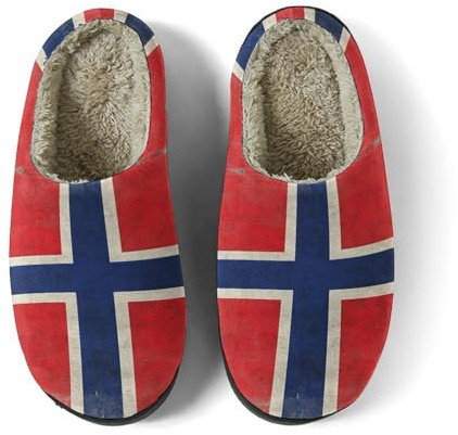Shdgbje Norwegian Flag Women's Fuzzy Slippers Bedroom Slippers Warm House Shoes with Anti-Skid Rubber Hard Sole Outdoor Comfort Man