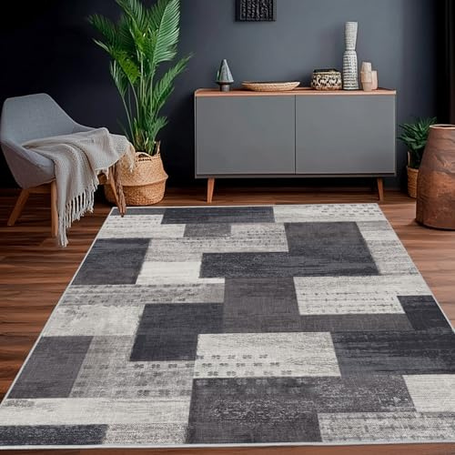 Calinline Modern geometrisk lappteknik inomhus vardagsrum matta, antracit 80 x 150 cm stora mattor rockwood samling golv dekor för sovrum, grå mjuk kort lugg tvättbar matta område