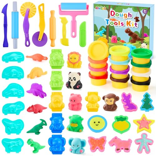 BYHANO Ensemble d'outils de bricolage en argile polymère 12 couleurs et 28 pièces comprenant des mini couteaux, des moules d'animaux 3D (dinosaure, panda), kit de bricolage pour enfants, cadeau pour
