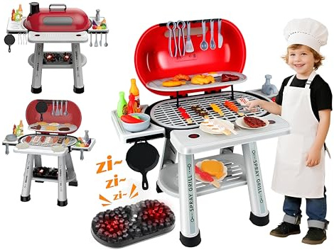 BBQ Grill Leksak Rökeffekt Ljus Realistiska Matlagning Ljud Kran Vattenarbetande Grill BBQ Kök Barbeque Rök Grill Barn med Grillmat Tillbehör (A)