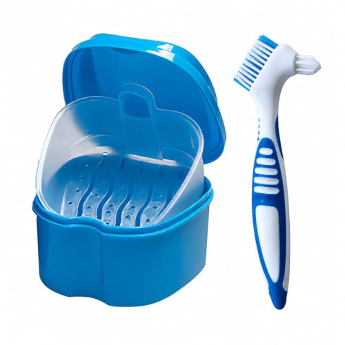 1 Piezas Caja para Dentaduras Postizas con Filtro y Cepillo Limpiador, Estuche para Aparatos Dentales y Alineadores, Contenedor de Ortodoncia con Cepillo de Limpieza para Prótesis Dental