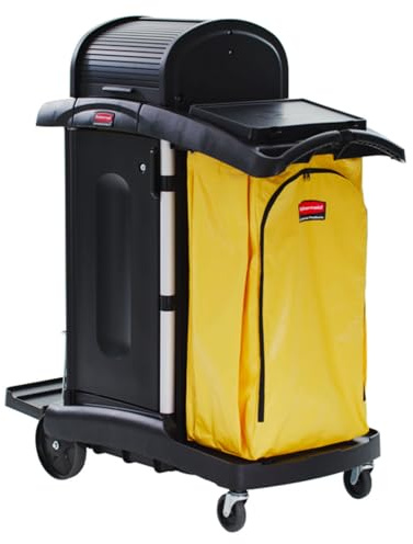 Rubbermaid Commercial High Security Housekeeping Janitorial Cart with Wheels, Yellow Vinyl Bag, Locking Hood and Cabinets for Commercial Facility/Hotel/Stadium/School/Office