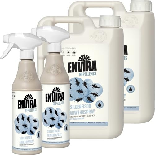 Envira Silberfisch Abwehrspray 2 x 500 ml + 2 x 2 Liter - Spray mit Langzeitwirkung gegen Silberfische & Papierfische - Mittel gegen Silberfische in der Wohnung - Effektiv Silberfischchen loswerden