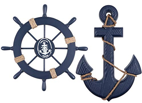 MDLUU Wooden Nautical Ship Steering Wheel, Small Ship Rudder and Anchor Wall Decor Set, 11 Navy Blue Helm Wheel Beach Theme Hanging Ornament