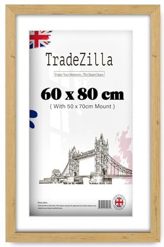 TradeZilla Large Wide 80x60cm Poster Frame with Mount 50x70 cm – Solid MDF Wood-Along Clear HD Perspex -Use for Movie/Puzzle/Picture Frame - Portrait and Landscape Display (White Mount, Pine)