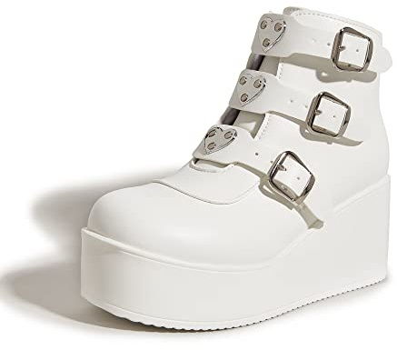LUCKY STEP Botines de Plataforma Gruesos para Mujer - Punta Redonda Cremallera Tacón Alto Suela Gruesa Hebilla (Blanco, 9US-40EU-7UK)