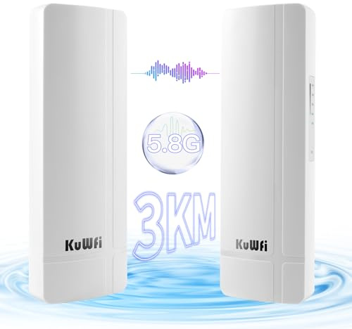 KuWFi Gigabit Outdoor Wireless Bridge, 5.8G 3KM Point to Point WiFi Bridge,1000Mbps LAN Port,WiFi Bridge 14dBi High Gain Antenna,Ethernet Bridge for Network&Surveillance Extension,24VPoE, 2RJ45,2-Pack