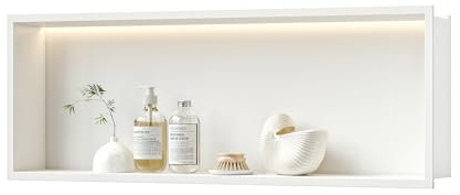 Neohomee Nicho de Ducha Empotrado en Pared de Acero Inoxidable con Luz LED, Nicho de Ducha Empotrado Blanco con Estante Individual de Almacenamiento para Baño, 90 x 30 cm