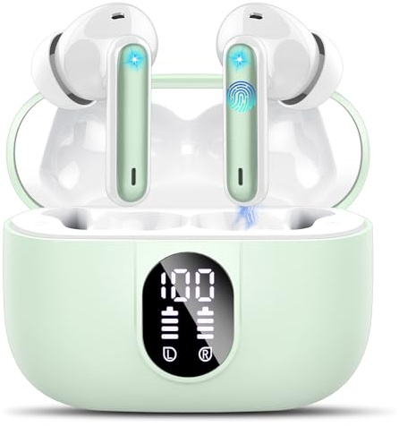 Csasan Wireless Earbuds, Bluetooth 5.3 Headphones In Ear with 4 ENC Noise Cancelling Mic, 2025 Mini Deep Bass Stereo Ear Buds, 40H Playtime Bluetooth Earphones, IP7 Waterproof Earbuds, Light Green