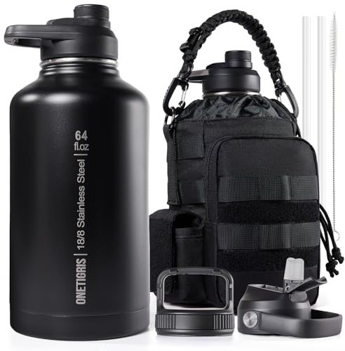ONETIGRIS Tactical Half Gallon Water Bottle with Straw - 64 oz Vacuum Insulated Stainless Steel Water Jug, Leakproof Sport Bottle with 3 BPA Free Lids, Paracord Handle & MOLLE Water Pouch for Outdoor