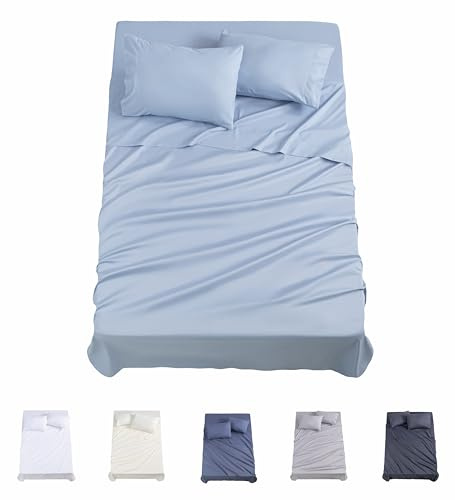 Todocama Juego de Sábanas de 4 Piezas - 3001 - Sábana Bajera Ajustable - Encimera - Dos Fundas de Almohada de 50x80cm, (Cama 90-90x190/200 cm, Azul Claro)