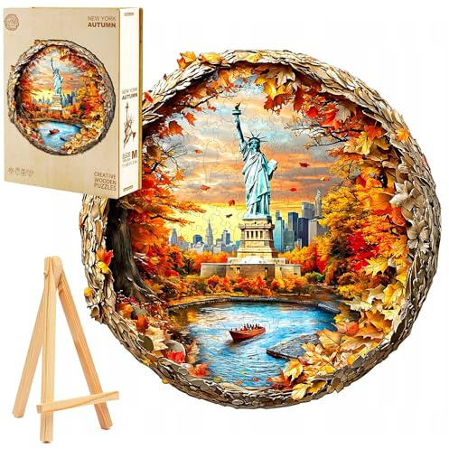 PASJO Holzpuzzle für Erwachsene 3D Puzzle Herbst in New York 300 Einzelteile Holzbox und Mini-Staffelei Wooden Puzzle Freiheitsstatue von New York