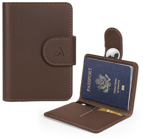 ALLIVE Passport Holder for Travel, Genuine Leather Passport Holder with AirTag Hidden, Rfid Passport Cover Travel Wallet for Airport Essentials, Travel Must Haves Gifts (Coffee Brown)