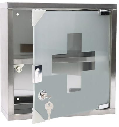 FIVMEN Medizinschrank Edelstahl 2 Fächer Medikamenten Aufbewahrung Apothekerschrank Hängend mit Glas Tür and 2 Schlüssel Abschließbar Medikamentenschrank Arzneischrank, 30x30 cm