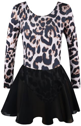 ZNYUNE Body da danza per bambini, 95% cotone, body da balletto, body da danza, body a maniche lunghe, con tutù, gonna B439, BlackLeopard 128/134