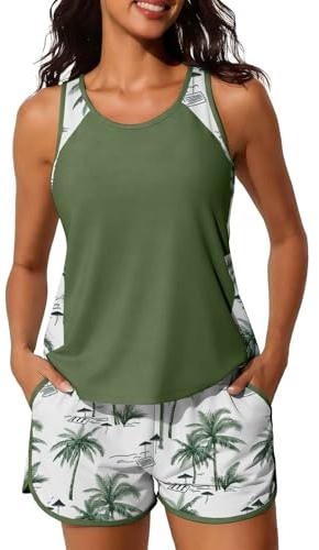 Yutdeng Tankini Mujer Reductor Barriga Traje de Baño Bañador Mujer con Pierna Camiseta Baño con Relleno Pantalon Bañador Vientre Plano con Bolsillos Dos Piezas Bañadores Mujer Tallas Grandes,Verde,L
