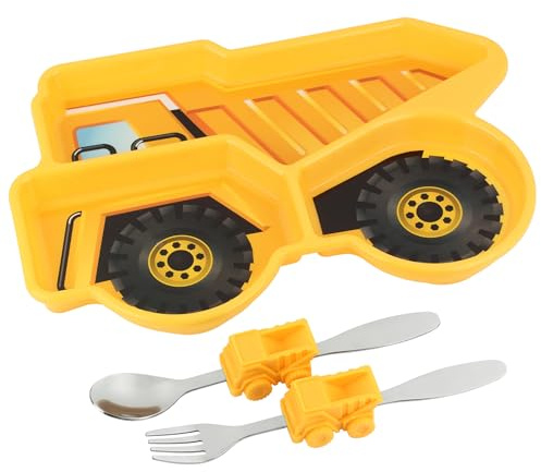 Kids Divided Plate with Utensils - Children's Meal Set with Plate, Fork and Spoon - Dump Truck
