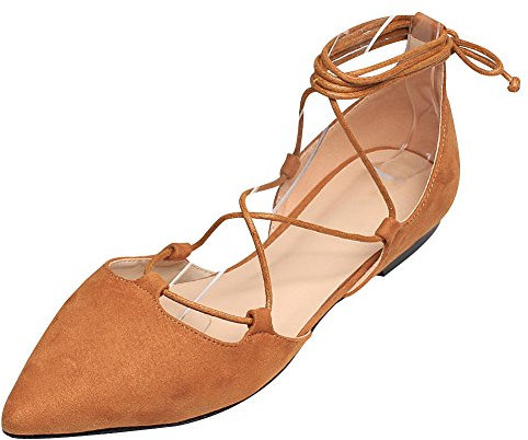 Jamron Damen Weich Faux Wildleder Flach Spitze Pumps Elegant Kreuz Schnüren Ballerinas Schuhe Bräune SN02323 EU39.5