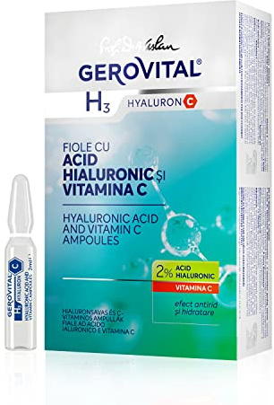 Sérum Facial Antiarrugas con Ácido Hialurónico y Vitamina C, Hidratante Intensivo, Efecto Antioxidante, para Pieles Secas, Mixtas, Normales, 10 ampollas x 2ml, Gerovital H3 Hyaluron C