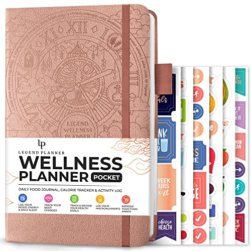 Legend Wellness Planerare & Matdagbok – Daglig kost, hälso- och fitnesdagbok med tränings- och viktminskningsspårare – livsstil, näring och träningsdagbok – varar i 6 månader, fickstorlek – roséguld