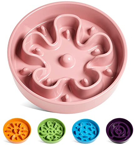 LE TAUCI Hundskål, långsam matare i keramik, 3,5 dl, matskål, valp, långsam matning för de som äter snabbt, rosa blomma