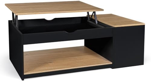 IDMarket - Table Basse Plateau relevable rectangulaire ELEA avec Coffre Bois Noir et façon hêtre